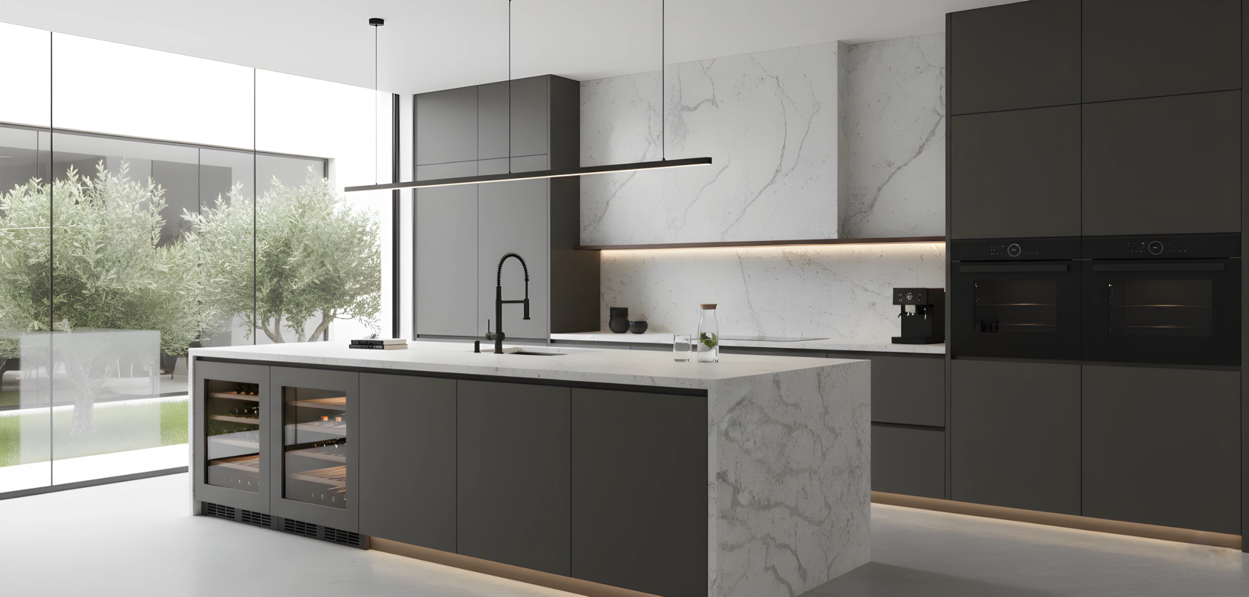 Natura Amazonia Kitchen Worktops in a grey kitchen with luxury appliances and high ceilings.