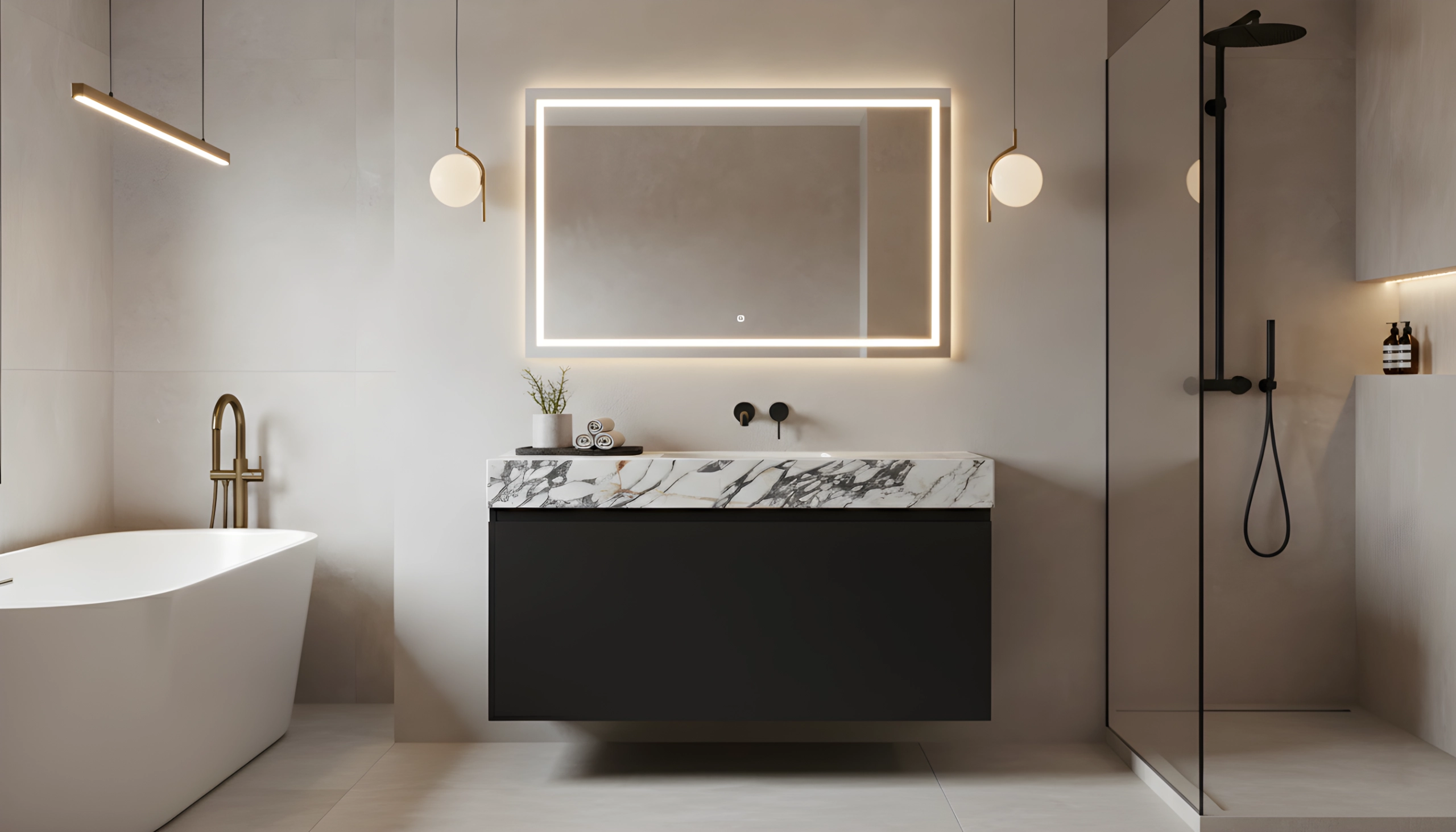 Lifestyle image of a black Natura Bathroom Furniture Ebb Collection with a quartz folded edge top in Corchia Gold from MATERIA.